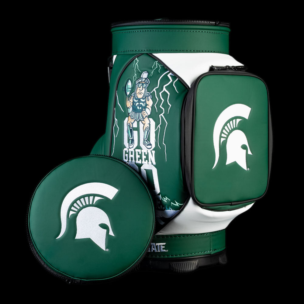Michigan State Go Green Go White Den Caddy Cooler in Spartan green and white with Sparty artwork, lightning graphics, and Spartan helmet logos