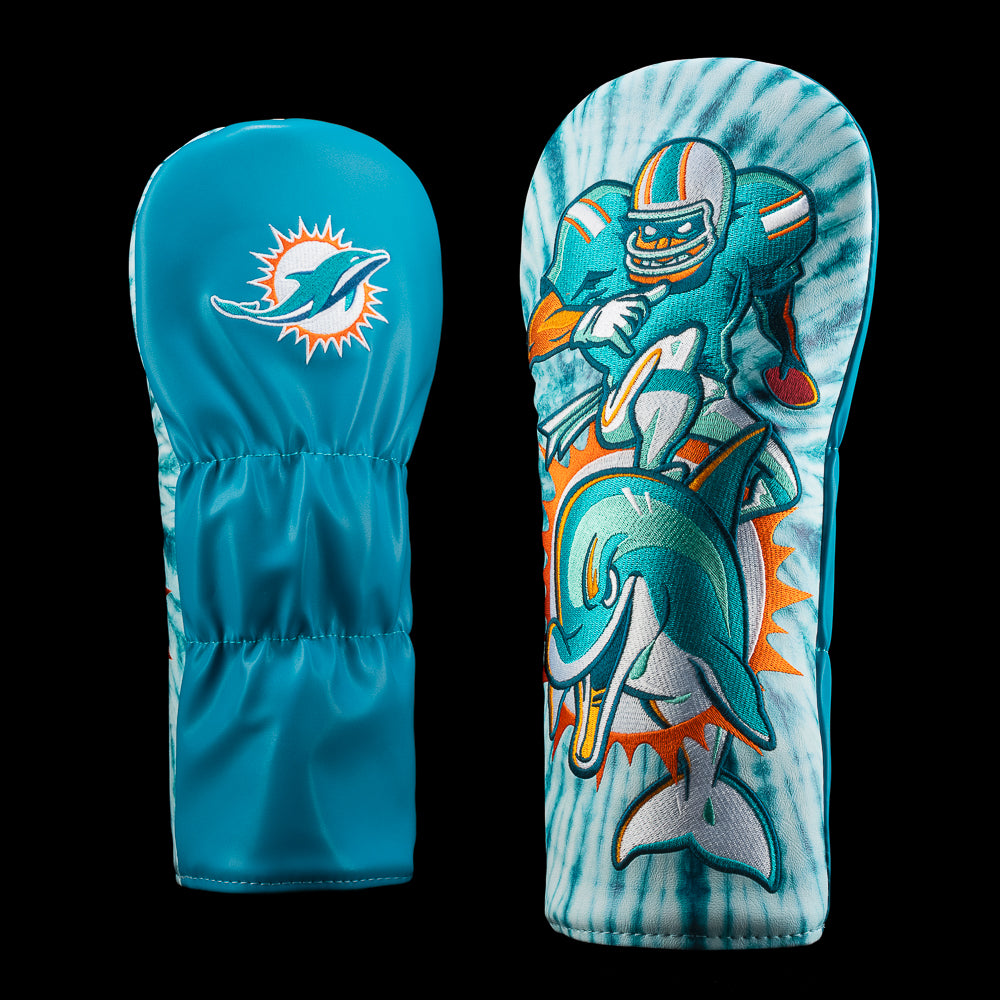 Miami Dolphins driver cover with football player riding a dolphin with a tie dye background.