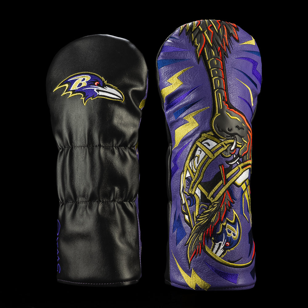 SWAG Golf NFL Baltimore Ravens Let It Fly Driver Cover with a raven claw gripping a football helmet against purple stripes and yellow lightning bolts.