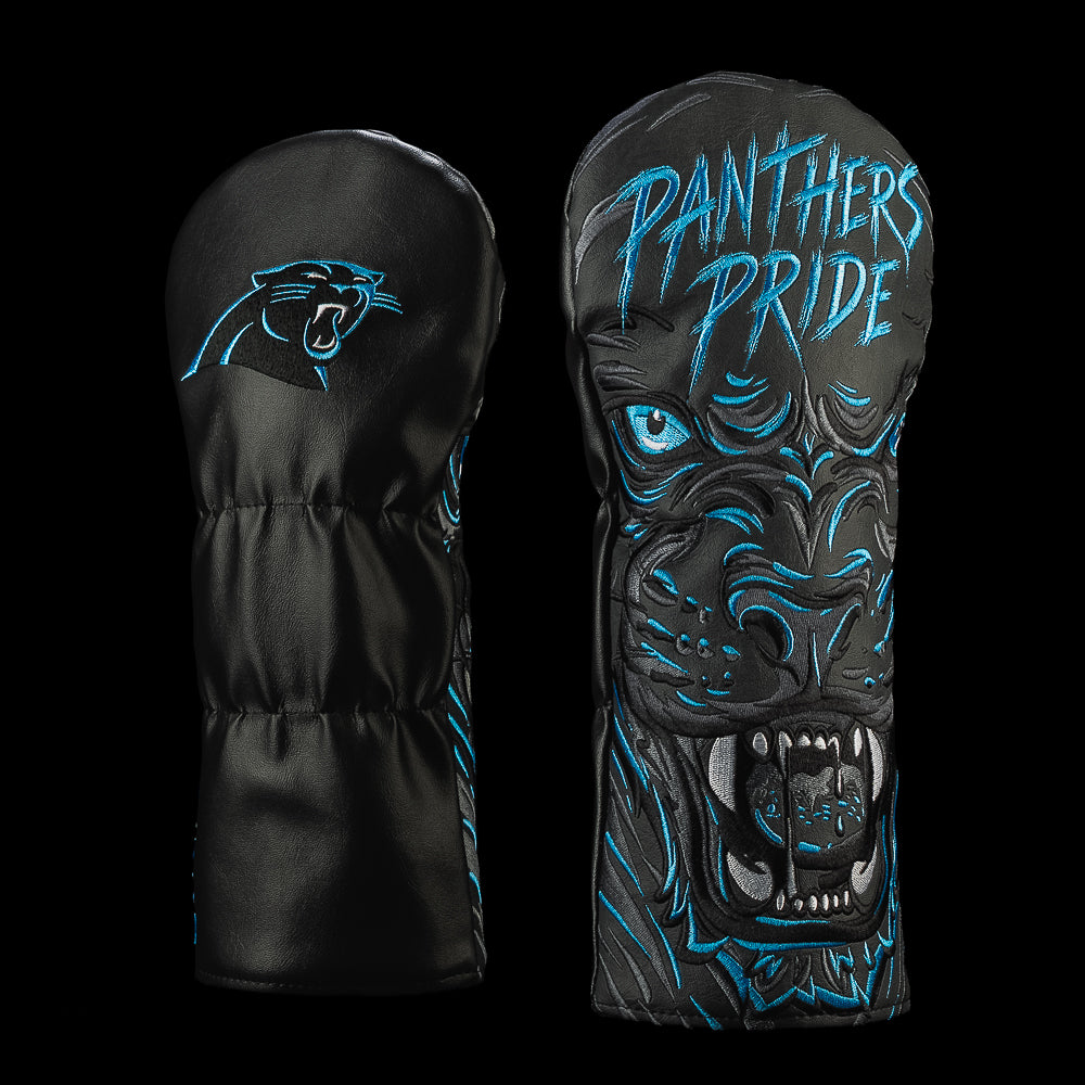 SWAG Golf NFL Carolina Panthers On The Prowl Driver Cover with a snarling black panther, bright blue eyes, exposed fangs and Panthers Pride lettering.