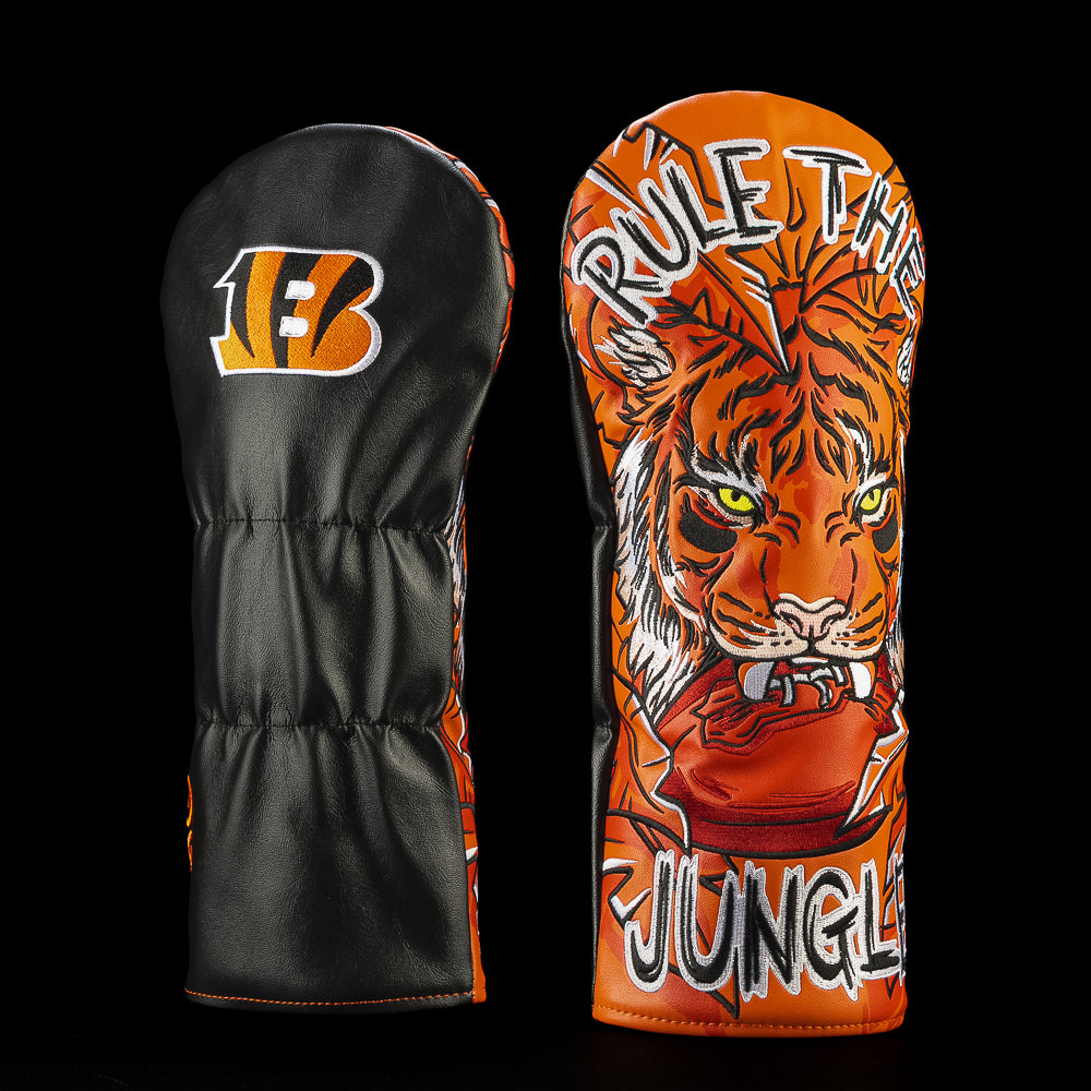 SWAG Golf NFL Cincinnati Bengals Rule The Jungle Driver Cover with a roaring tiger biting a football beneath Rule The Jungle lettering.