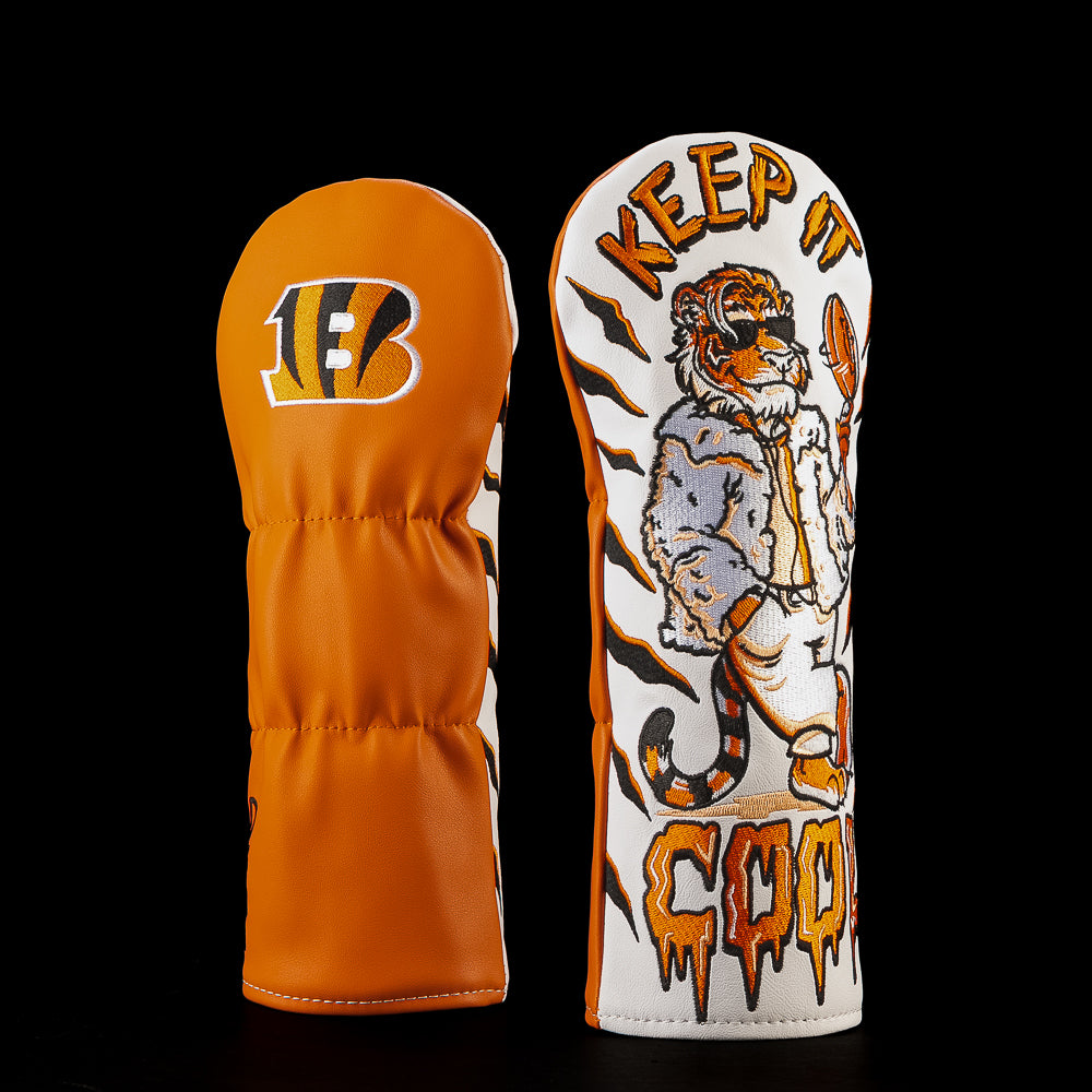 SWAG Golf NFL Cincinnati Bengals Keep It Cool Fairway Cover with a sunglasses-wearing tiger dressed in a white fur coat and holding a football.