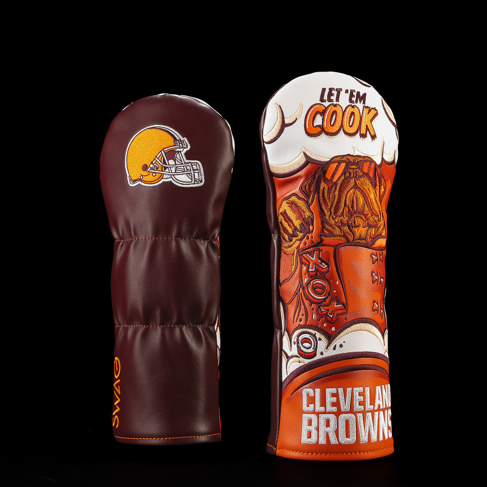 SWAG Golf NFL Cleveland Browns Let ’Em Cook Fairway Cover with a bulldog cook surrounded by steam, cooking and Cleveland Browns lettering.