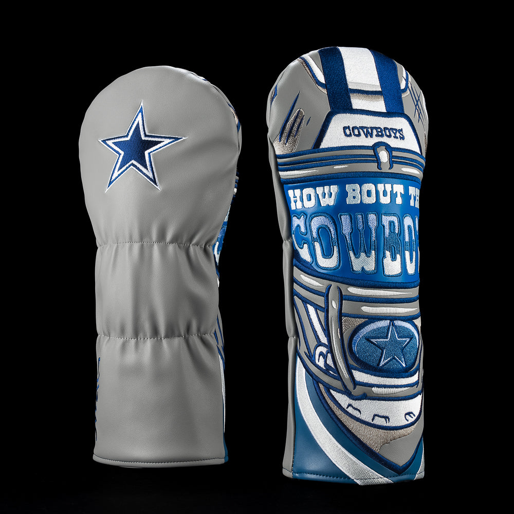SWAG Golf NFL Dallas Cowboys How ’Bout Them Cowboys Driver Cover with a helmeted football player, and layered navy, silver and blue team graphics.