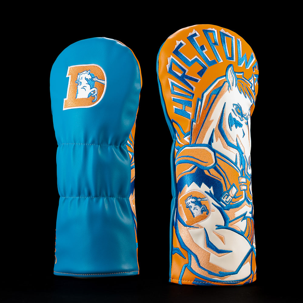 SWAG Golf NFL Denver Broncos Horsepower Driver Cover with a rearing white bronco, mane, Horsepower lettering and orange-and-blue graphics.