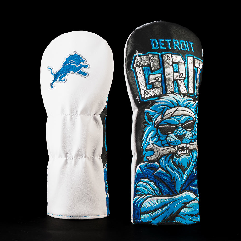 SWAG Golf NFL Detroit Lions Detroit Grit Driver Cover with a muscular lion crossing his arms beneath metallic Detroit Grit lettering in Honolulu blue.