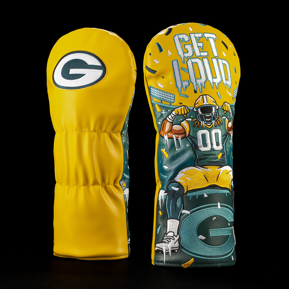 SWAG Golf NFL Green Bay Packers Get Loud Driver Cover with a flexing football player wearing number 00 beneath large Get Loud lettering and confetti.