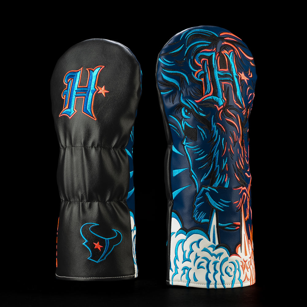 SWAG Golf NFL Houston Texans H-Town Driver Cover with a shadowed bull formed from red-and-navy linework above flames and H-Town lettering.
