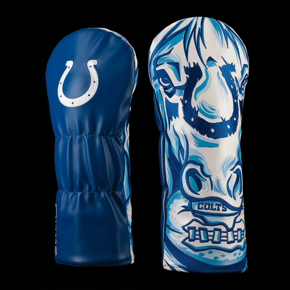 SWAG Golf NFL Indianapolis Colts Saddle Up Driver Cover with a close-up white horse face, blue mane, glowing eyes and a Colts horseshoe between the eyes.