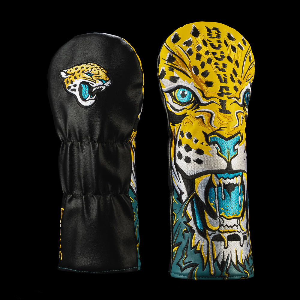 SWAG Golf NFL Jacksonville Jaguars ’Til We Die Driver Cover with a close-up snarling jaguar face, teal eyes, exposed fangs and black-and-gold spots.