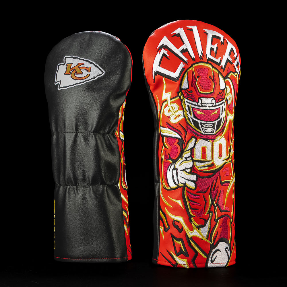 SWAG Golf NFL Kansas City Chiefs Chief’s Kingdom Driver Cover with a number 00 football player charging forward beneath oversized Chiefs lettering and yellow lightning.
