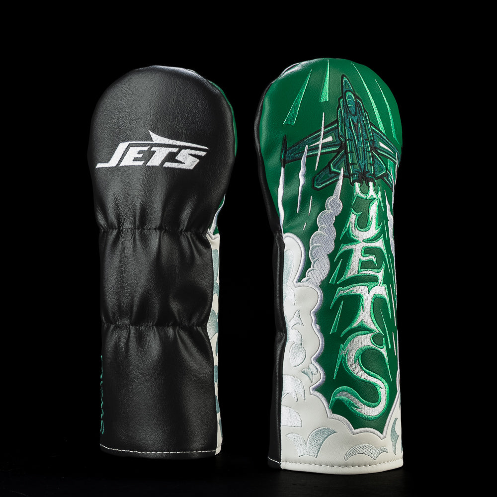 SWAG Golf NFL New York Jets Speed Demon Fairway Cover with a fighter jet climbing through white smoke above glowing green Jets runway lettering.