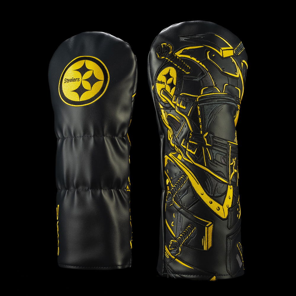 SWAG Golf NFL Pittsburgh Steelers Built Different Driver Cover with an industrial football player, steel plates, bolts and black-and-gold graphics.