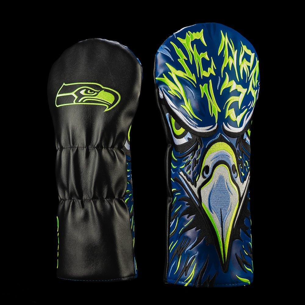 SWAG Golf NFL Seattle Seahawks We Are 12 Driver Cover with an intense hawk face, electric green eyes and layered navy, blue and action-green feathers.