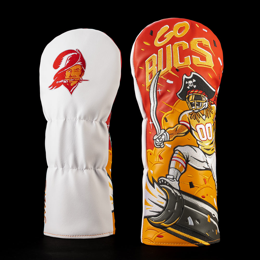 SWAG Golf NFL Tampa Bay Buccaneers Fire The Cannon Driver Cover with a sword holding football player above a firing cannon and red Go Bucs lettering.
