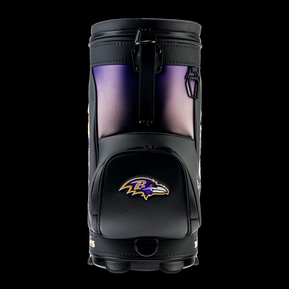 Rear view of the SWAG Golf Baltimore Ravens Den Caddy Cooler highlighting the purple fade finish, premium construction, and insulated design.