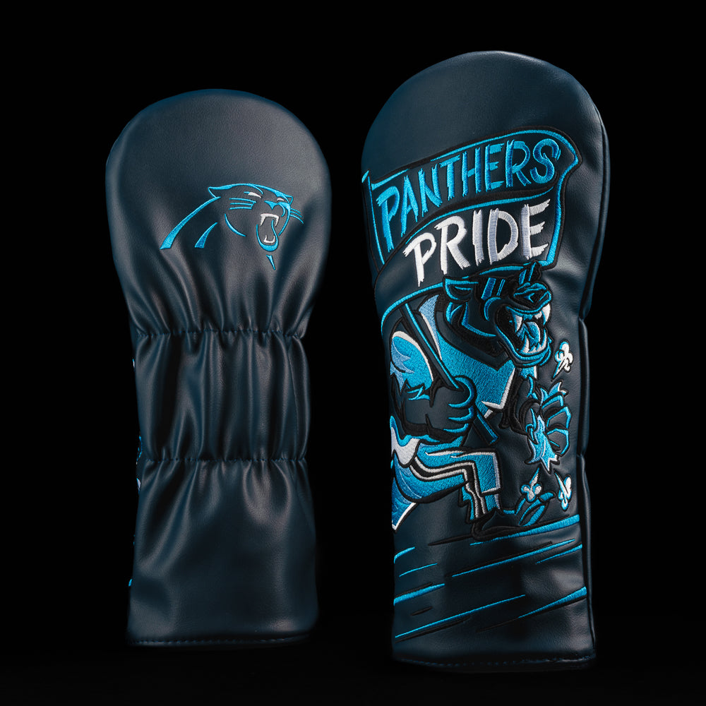 Carolina Panthers driver cover with panther striding with a flag that says “panthers pride”
