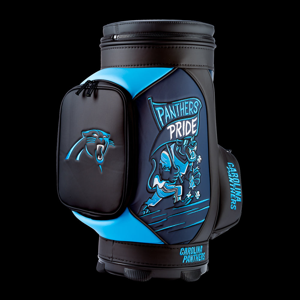 SWAG Golf Carolina Panthers Den Caddy Cooler featuring "Panthers Pride" artwork, Carolina blue graphics, and an embroidered Panthers logo pocket.