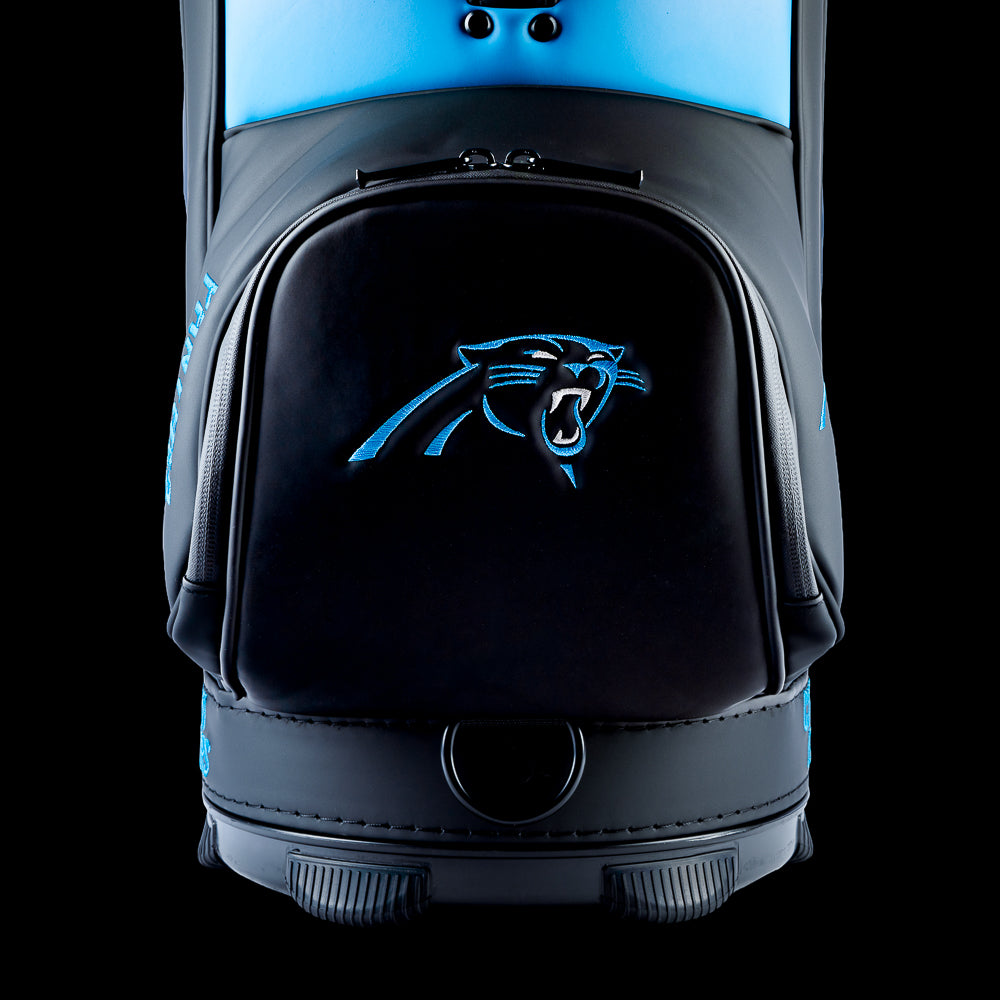 Close-up of the embroidered Carolina Panthers logo on the front pocket.