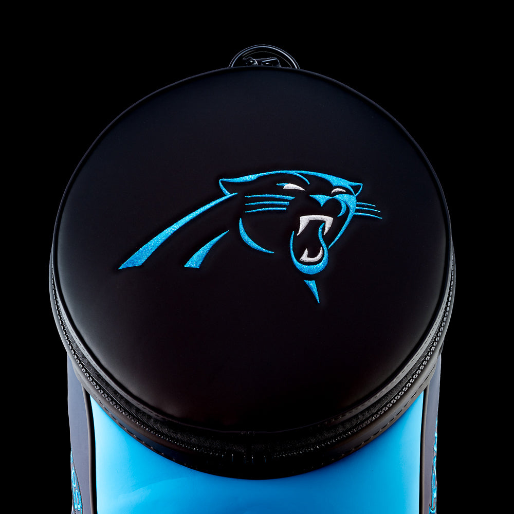 Top view of the removable Carolina Panthers lid with an embroidered Panthers logo.