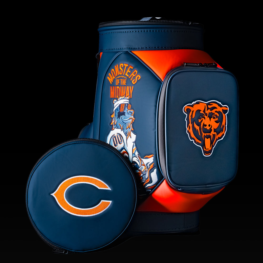 Chicago Bears Den Caddy Cooler displayed with the removable embroidered lid beside the cooler.