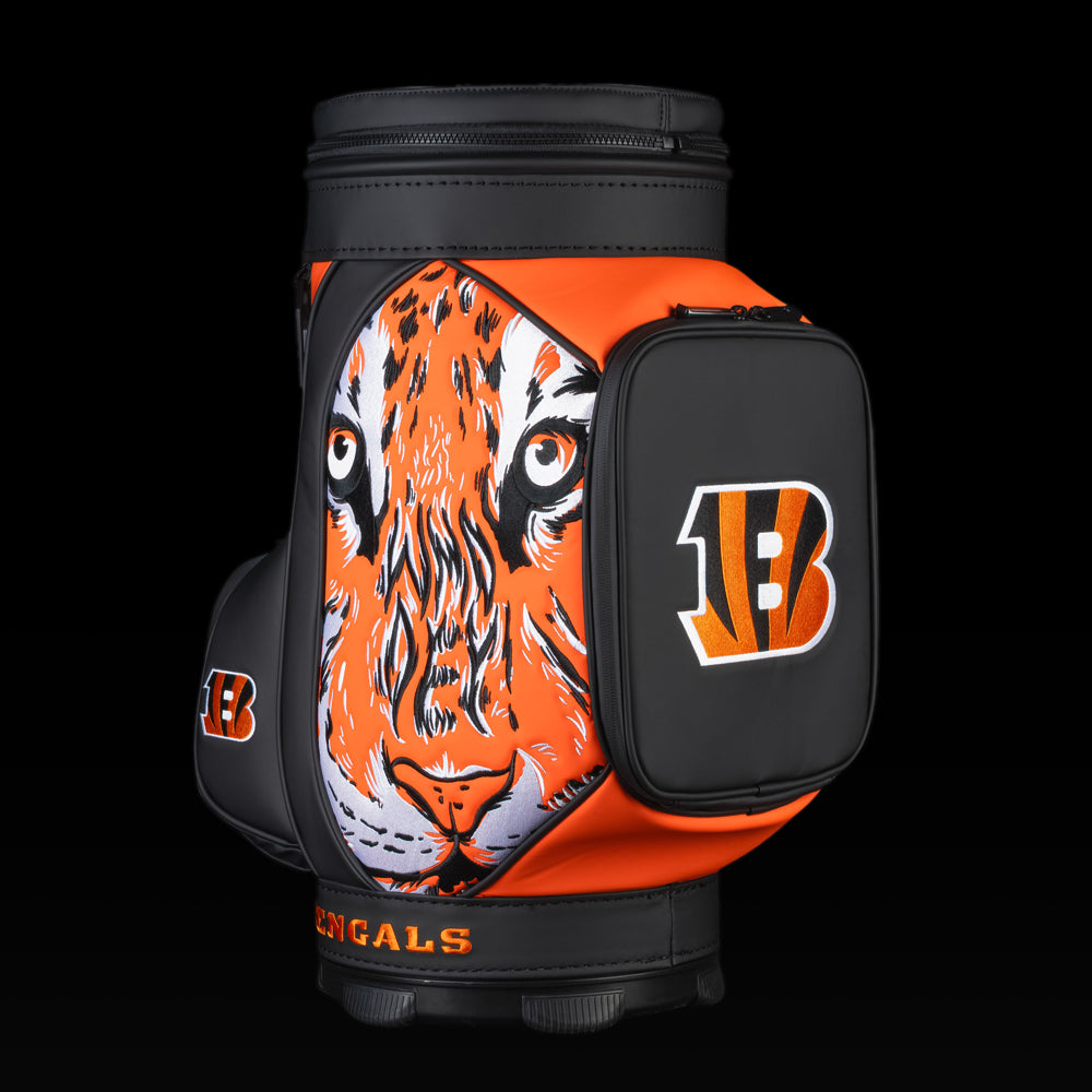 SWAG Golf Cincinnati Bengals Den Caddy Cooler featuring oversized tiger artwork, bold orange and black graphics, and an embroidered Bengals logo pocket.