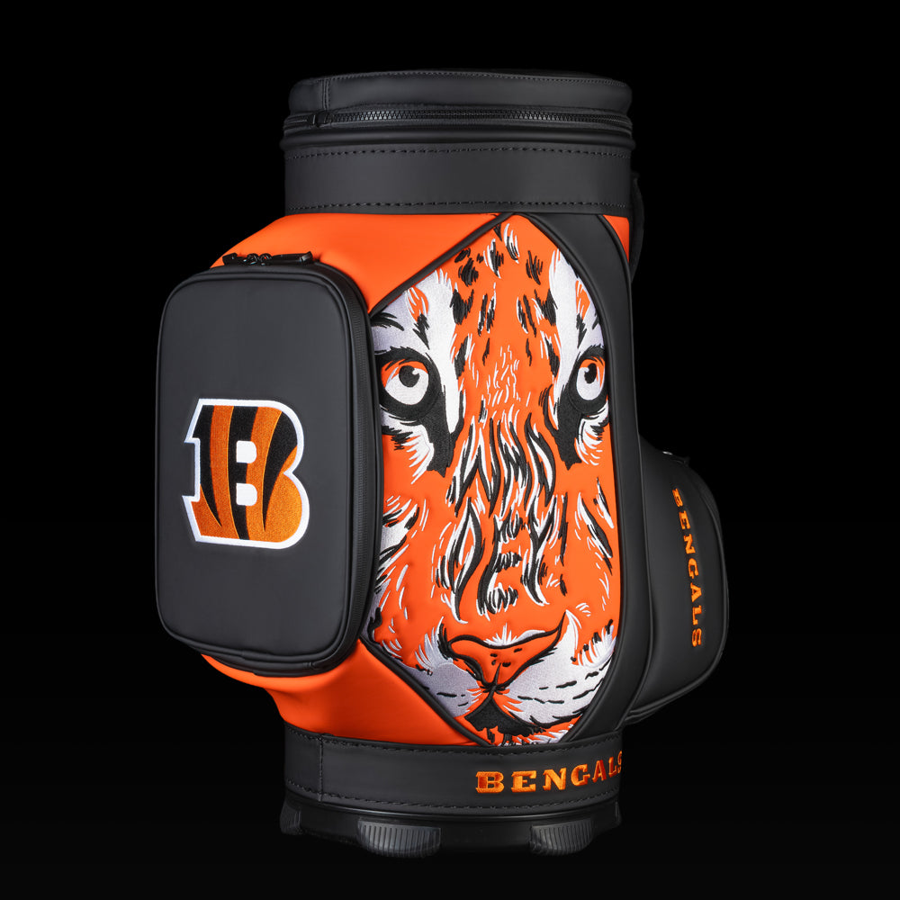 Angled view of the SWAG Golf Cincinnati Bengals Den Caddy Cooler showcasing the tiger artwork and embroidered Bengals logo pocket.