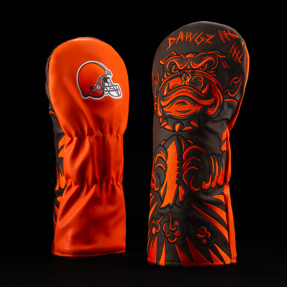 Cleveland Browns driver cover with a bull dog holding a football on the front.