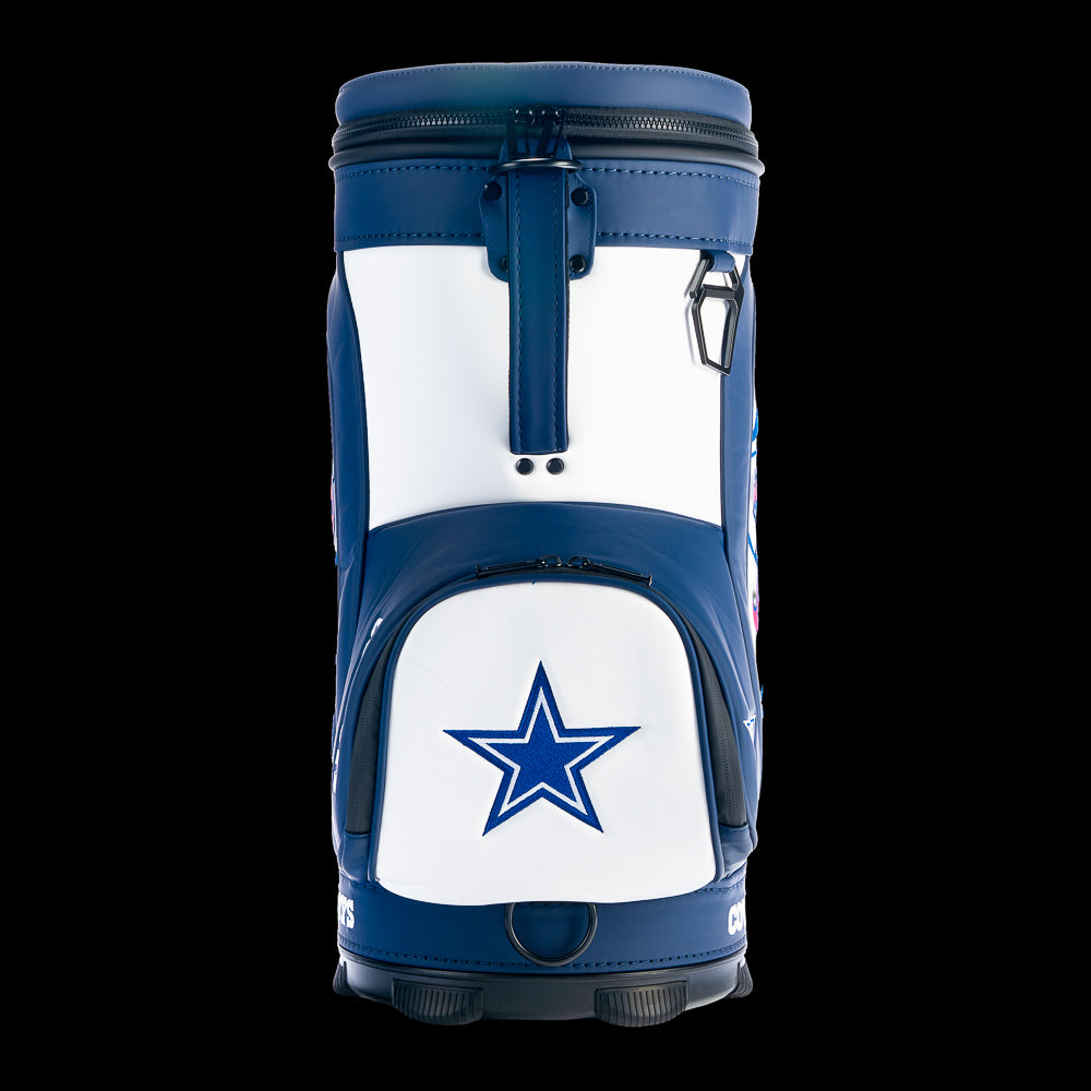 Front view of the SWAG Golf Dallas Cowboys Den Caddy Cooler showcasing the embroidered Cowboys star on the navy front storage pocket with white and blue accents.