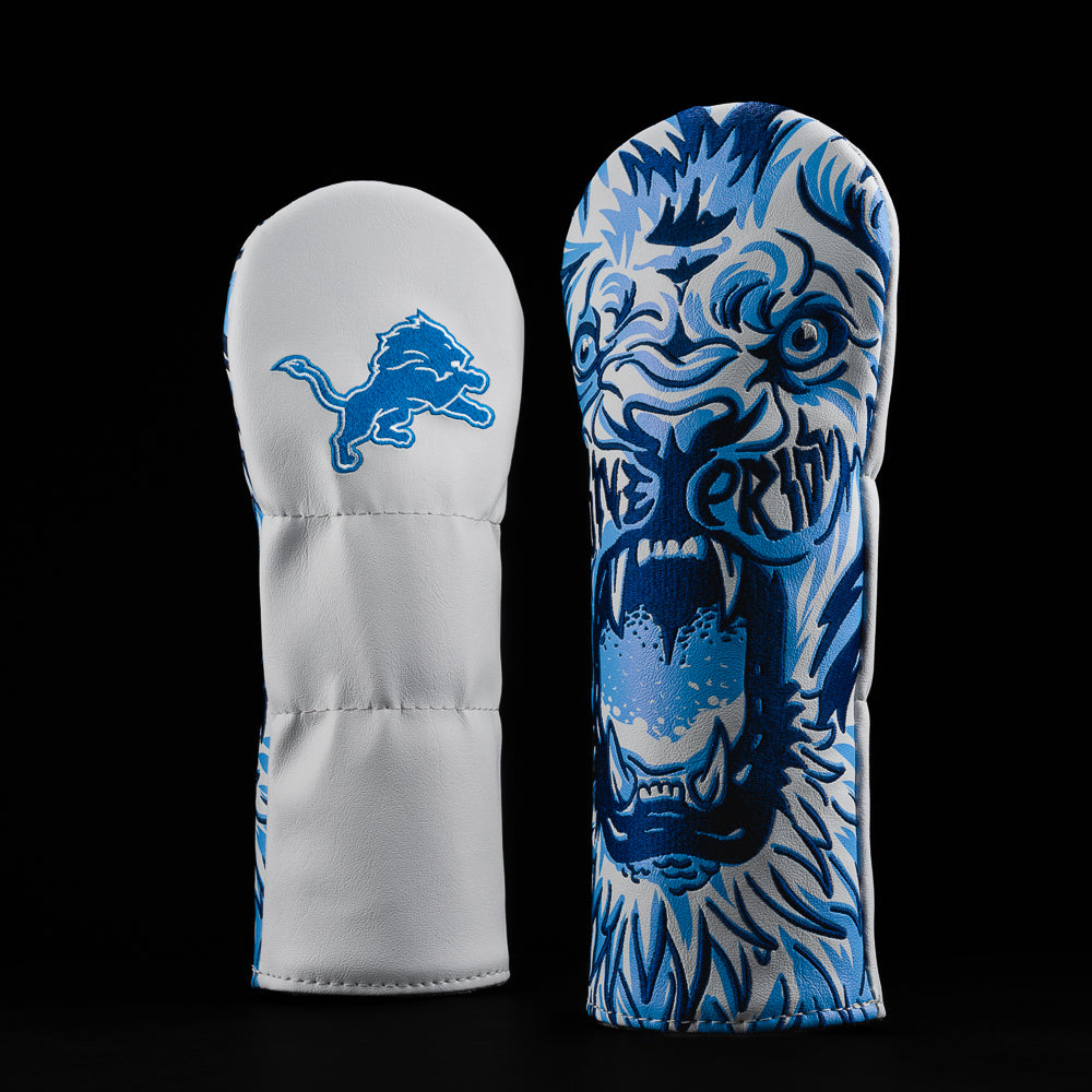 Detroit Lions fairway cover with a blue and white outlined lion with the words “one pride” above its mouth.