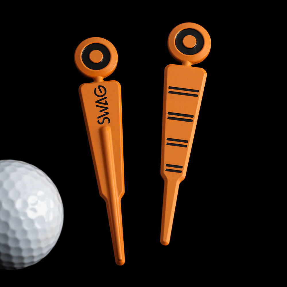 SWAG Golf down marker orange and black stainless steel golf divot tool.