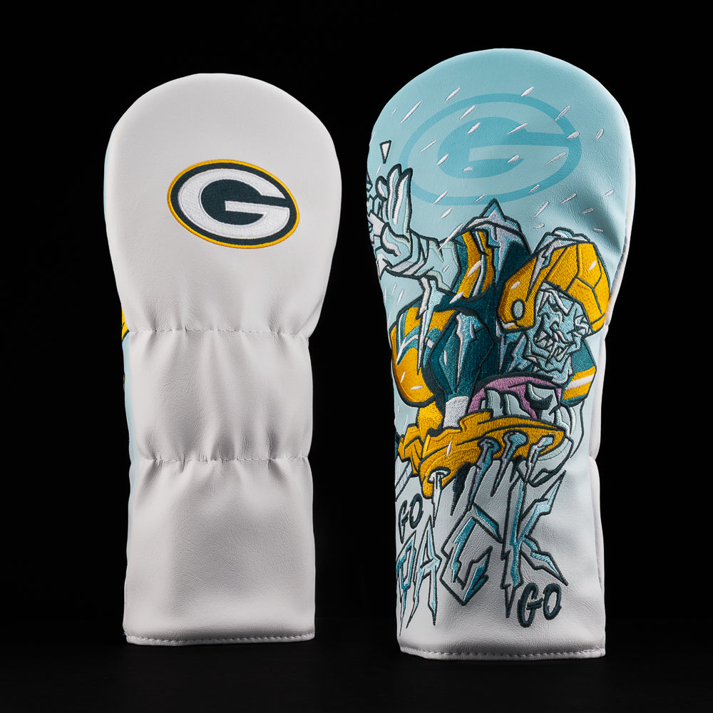Green Bay Packers driver cover with frozen football warrior bursting through ice and “Go Pack Go” stitched in icy bold letters.