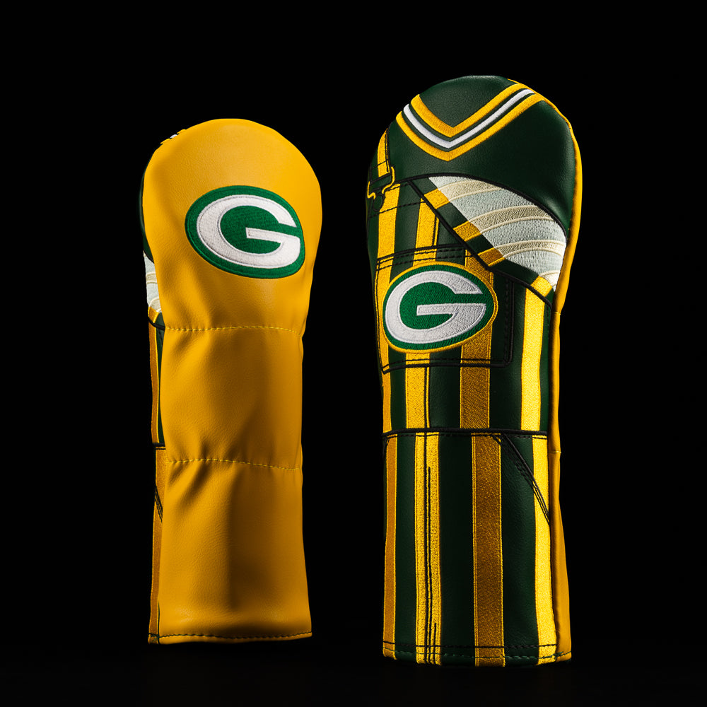Green Bay Packers fairway cover styled like fan overalls with striped stitching, pocket logo, and bold gold backing.