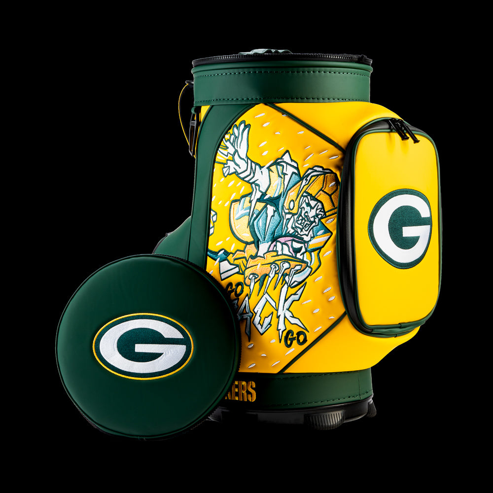 Green Bay Packers Den Caddy Cooler displayed with the removable embroidered lid beside the cooler.