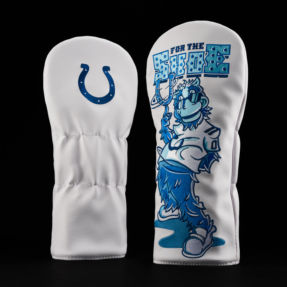 Indianapolis Colts driver cover with mascot swinging a horseshoe with the caption “for the shoe”