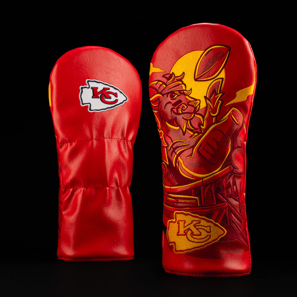 Kansas City Chiefs driver cover with a goat tossing a football in the air.