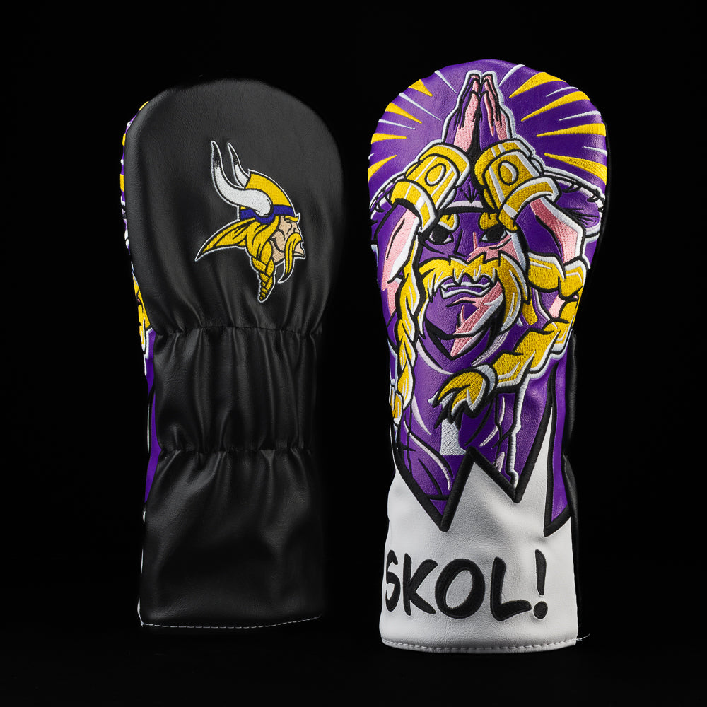 Minnesota Vikings driver cover with Viking in a SKOL pose with the word “SKOL!”