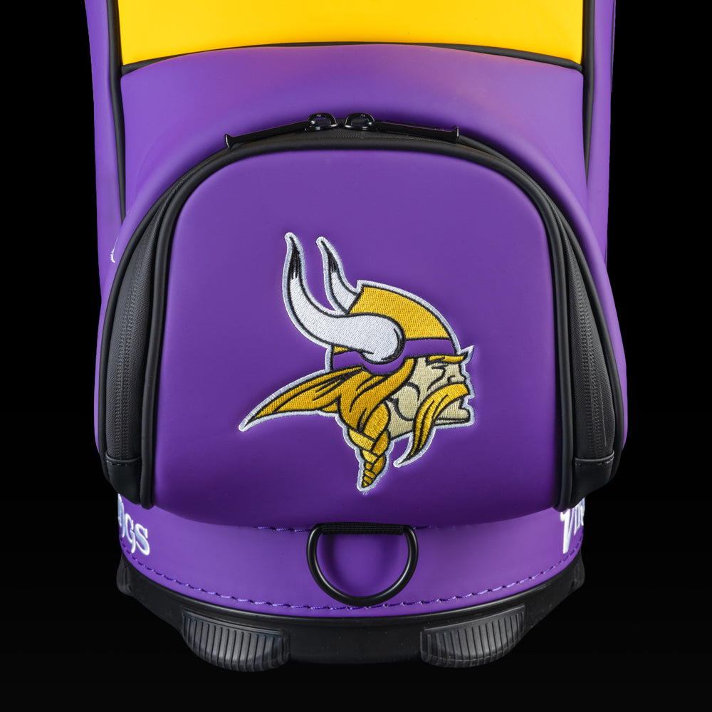 Close-up of the SWAG Golf Minnesota Vikings Den Caddy Cooler with an embroidered Vikings logo on the front pocket.
