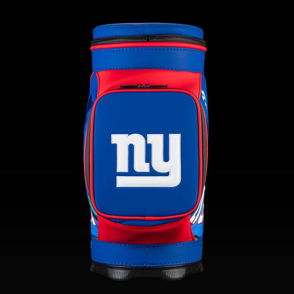 Front view of the SWAG Golf New York Giants Den Caddy Cooler with an embroidered Giants logo on the front pocket.