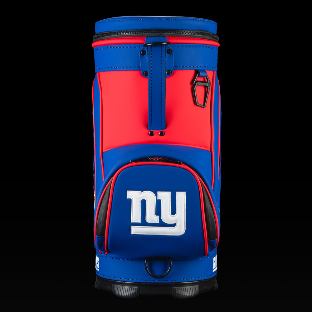 Rear view of the SWAG Golf New York Giants Den Caddy Cooler with royal blue and red color blocking.