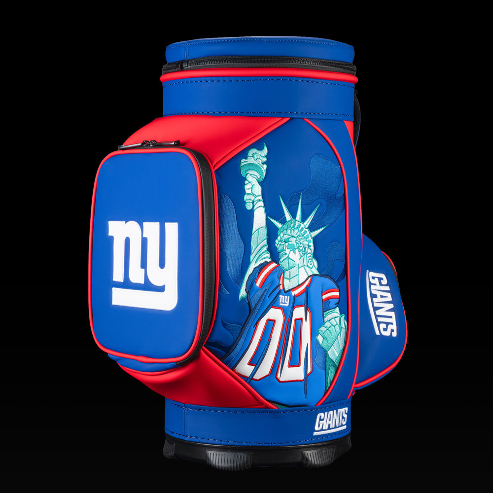 Angled view of the SWAG Golf New York Giants Den Caddy Cooler showcasing the Statue of Liberty football artwork and embroidered Giants logo pocket.
