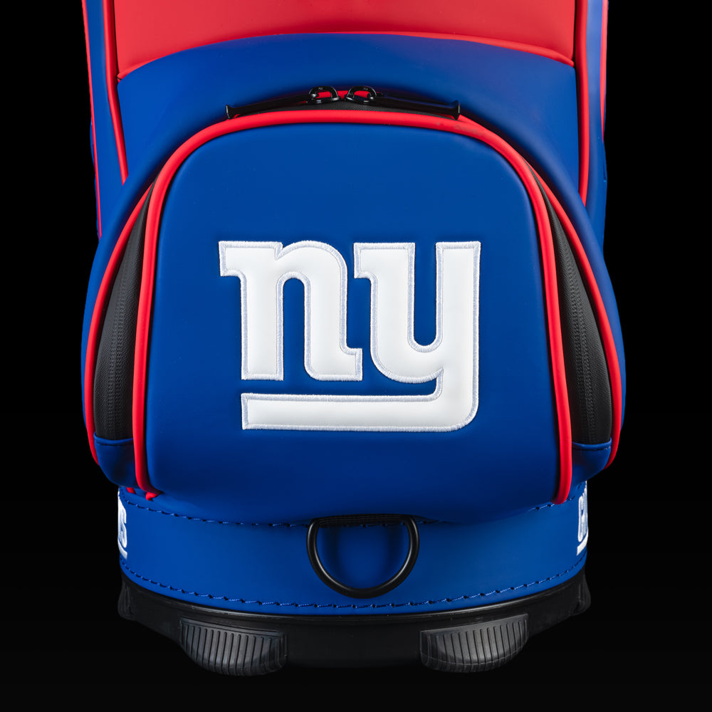 Close-up of the SWAG Golf New York Giants Den Caddy Cooler with an embroidered Giants logo on the front pocket.