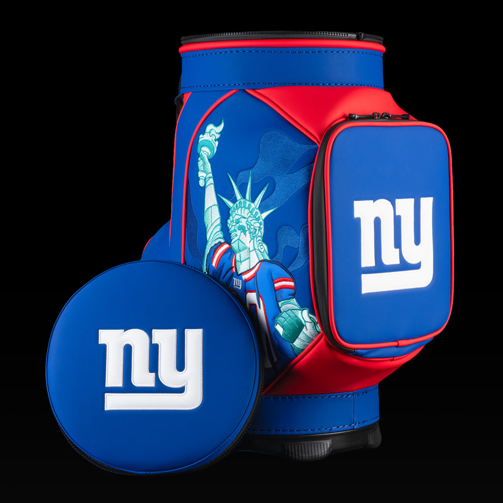New York Giants Den Caddy Cooler displayed with the removable embroidered lid beside the cooler.