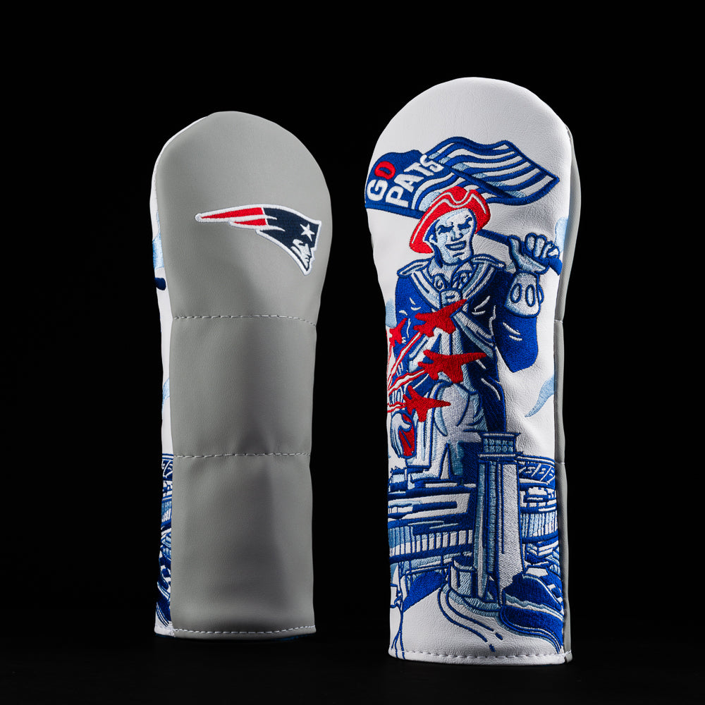 Patriots fairway cover with “Go Pats” flag, fighter jets, and stadium scene in bold red, white, and blue