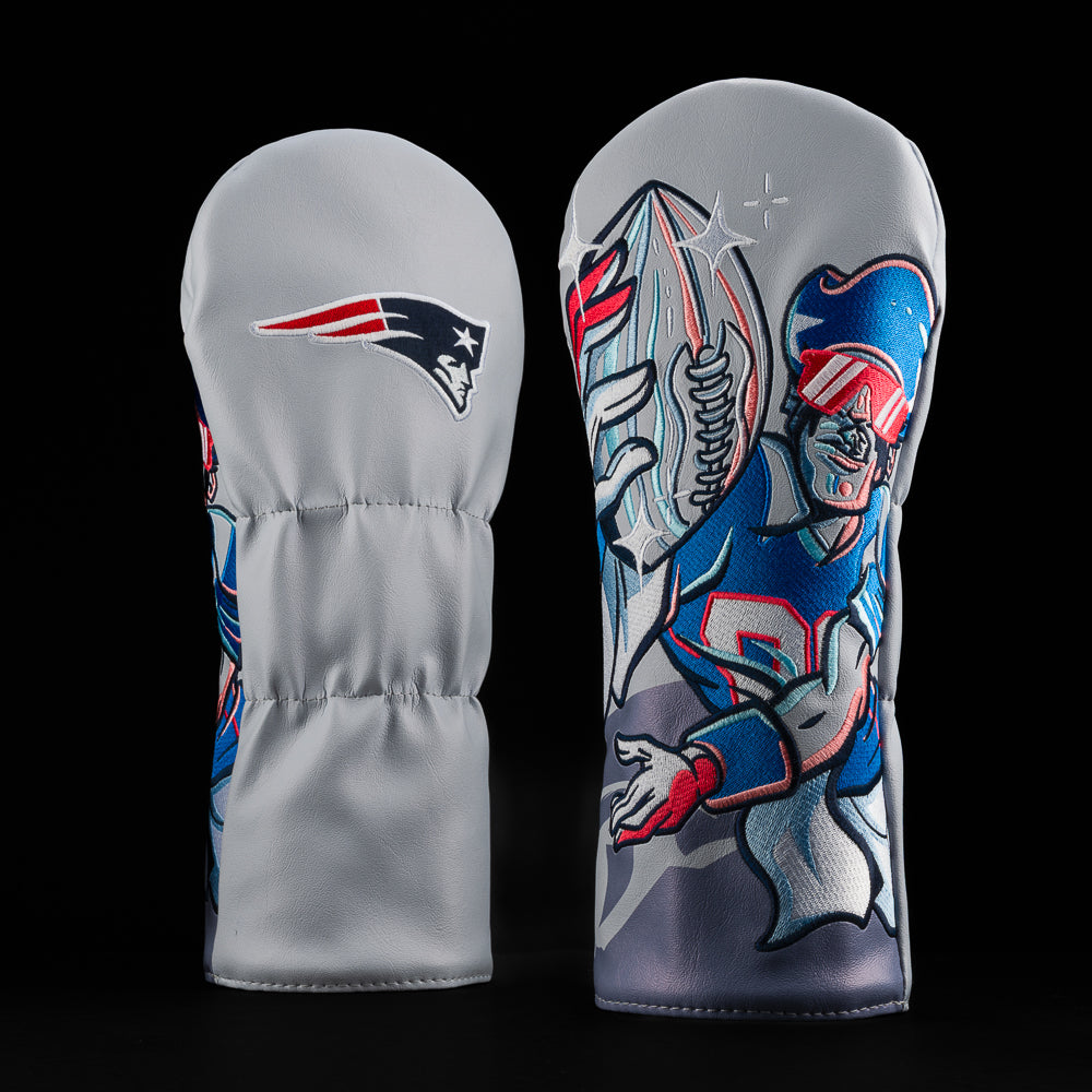 New England Patriots driver cover with a football player gripping a silver football, decked out in red shield sunglasses with bold SWAG flair.