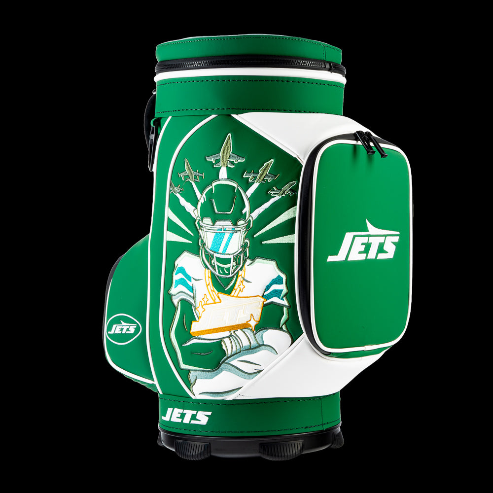 Angled view of the SWAG Golf New York Jets Den Caddy Cooler showcasing the flying planes, football artwork and embroidered Jets logo pocket.