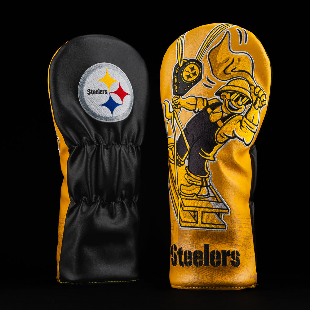 NFL Pittsburgh Steelers driver cover, team colors, and character waving a Terrible Towel.