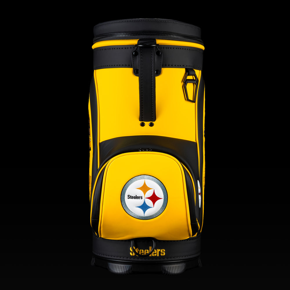 Front view of the SWAG Golf Pittsburgh Steelers Den Caddy Cooler with an embroidered Steelers logo on the front pocket.