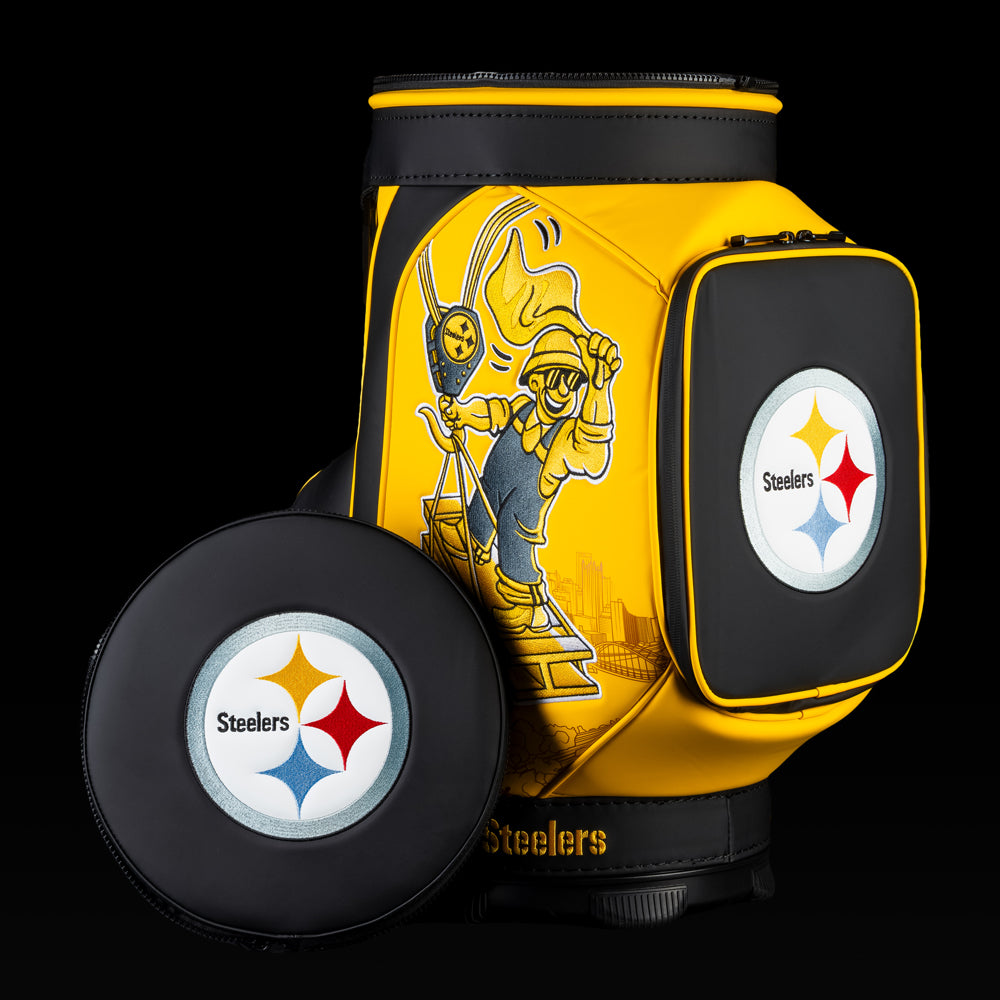 Pittsburgh Steelers Den Caddy Cooler displayed with the removable embroidered lid beside the cooler.