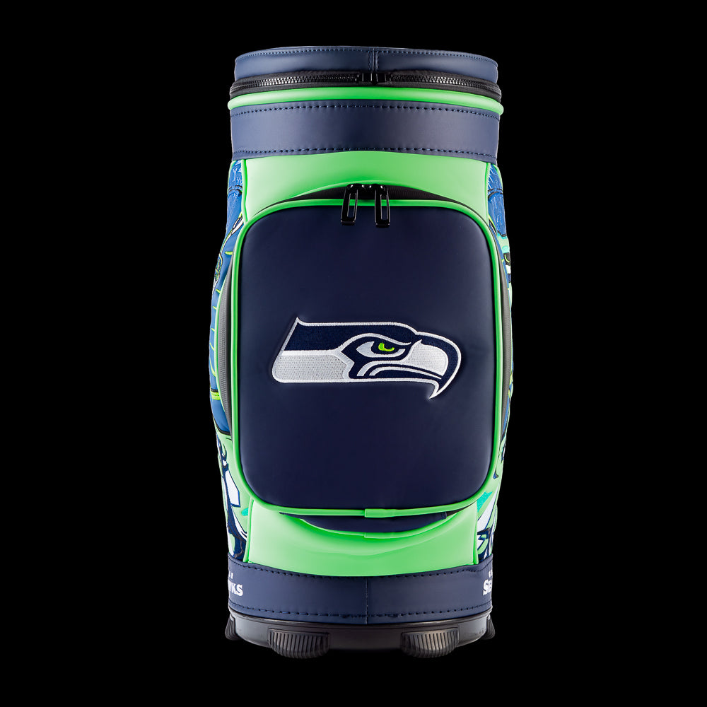 Front view of the SWAG Golf Seattle Seahawks Den Caddy Cooler with an embroidered Seahawks logo on the front pocket.